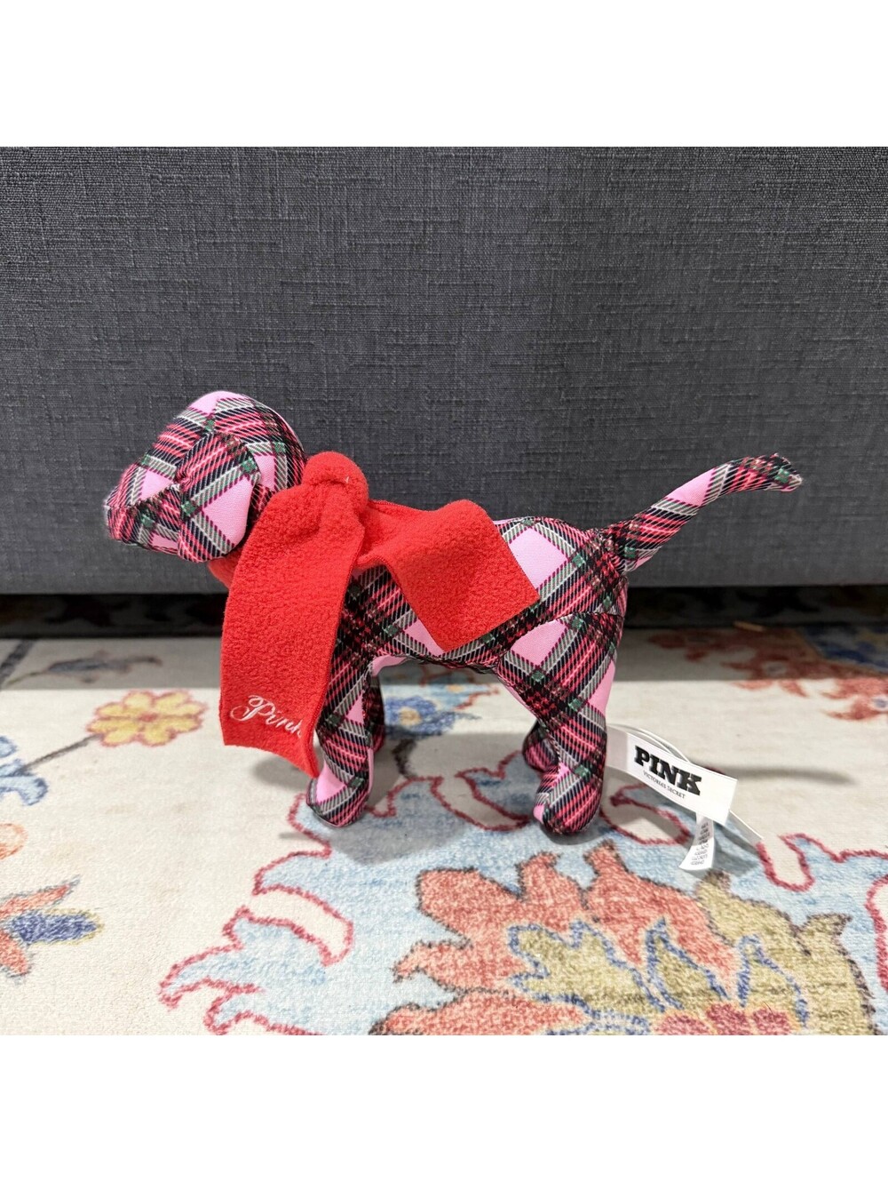 Victoria's Secret PINK 2025 Holiday Plaid Mini Dog Plush Red Scarf 8"